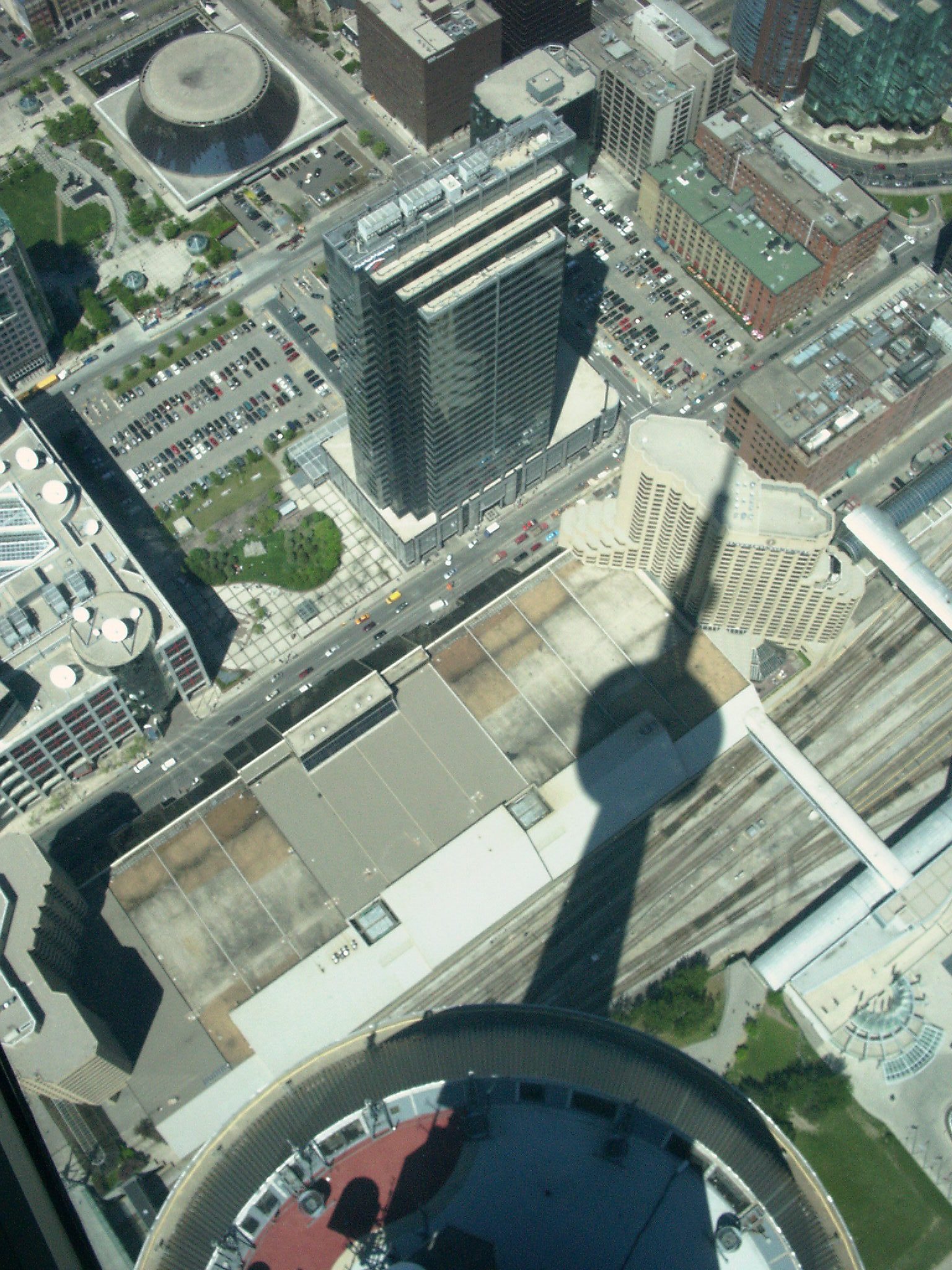 Looking out across the downtown grid and river valley from the observation level